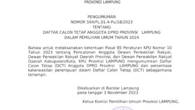 Berikut Pengumuman Daftar Calon Tetap Anggota DPRD Provinsi Lampung